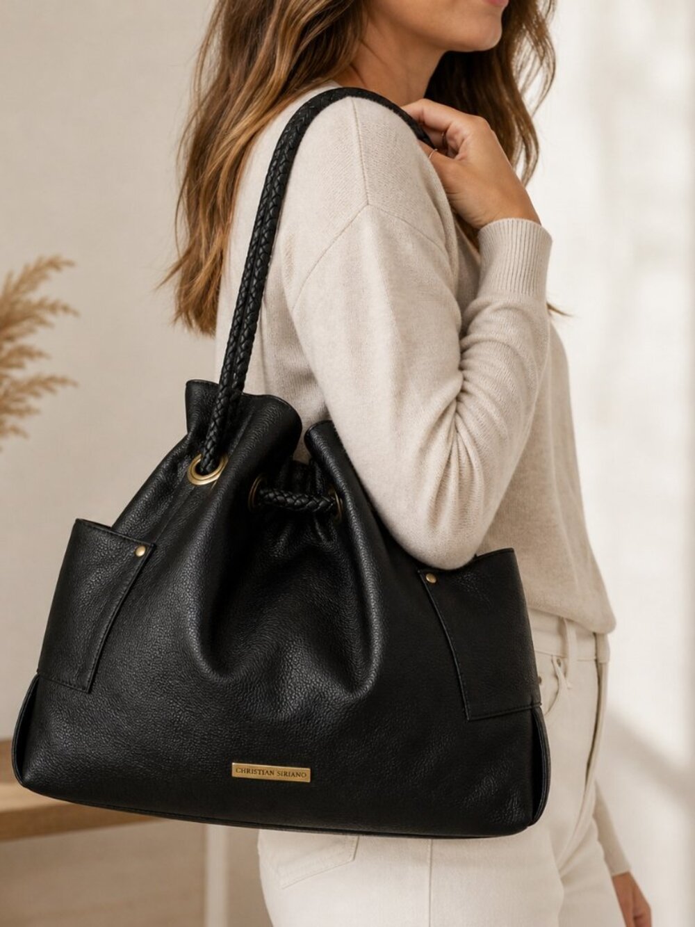 Christian Siriano Black Leather Drawstring Tote Bag Braided Handle - Picture 2 of 5